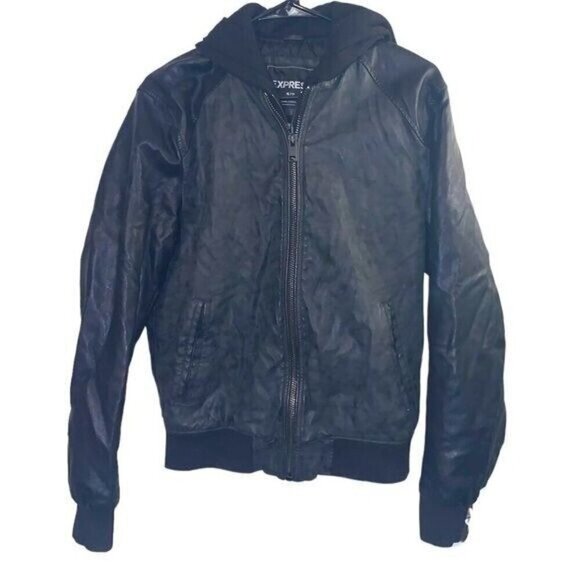 Express Black Full Zip Hooded Faux Leather Moro Punk Bomber Jacket Size Small - Picture 1 of 11